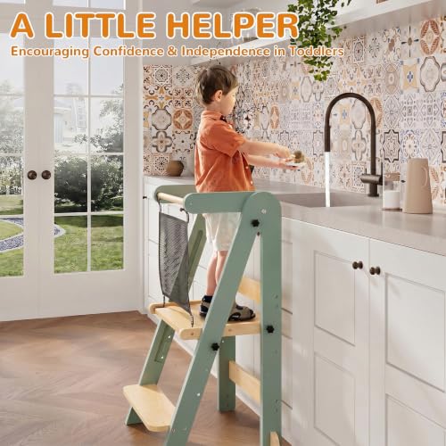 Image of ROOMTEC Foldable Toddler Kitchen Tower, 3 Adjustable Height Wooden Step Stool, Toddler Standing Tower with Safety Net (Green)