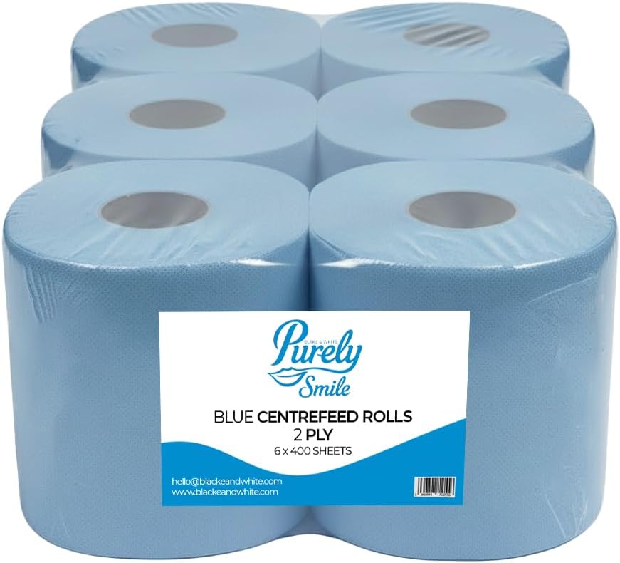 Blake & White Centrefeed Blue Rolls 6 Pack - Purely Smile 2 Ply Tissue Roll for Wiping Surfaces & Drying Hands - 400 Sheets Strong & Ultra Absorbent Blue Roll | PS1214