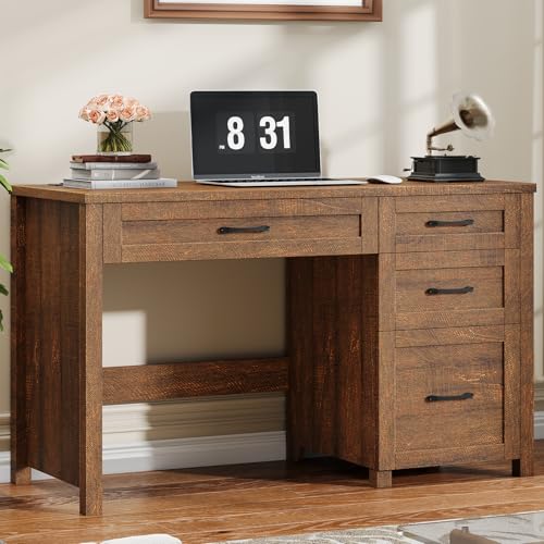 Image of Farmhouse 47 inch Executive Desk, Computer Desk with File Drawer and Charging Station, Workstation for Home Office, Study,Red-Brown
