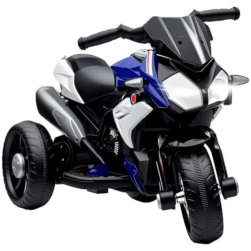 HOMCOM Elektro Kindermotorrad Elektromotorrad mit Musik, Scheinwerfer, Kindermotorrad 3 km/h, für Kinder von 3-5 Jahren, max. 25 kg, Blau+Weiß