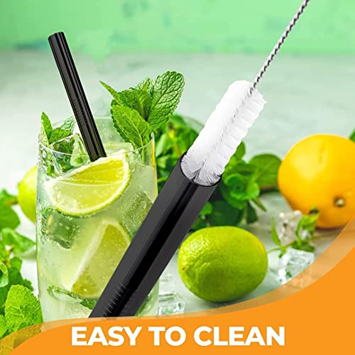 Image of Vinaco Reusable Wide Mouth Straws - 8.5 inch & 10.5 inch Stainless Steel, Set of 4 with CleanerBrush, Black Metal Straws forThicker Drinks