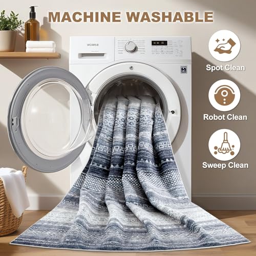Nakagishi 10x12 Area Rug Living Room: Washable Boho Large Neutral Modern Soft Stain Resistant Farmhouse Indoor Floor Rug Non-Slip Accent Carpet for Bedroom Nursery Kids Playroom Office- Blue