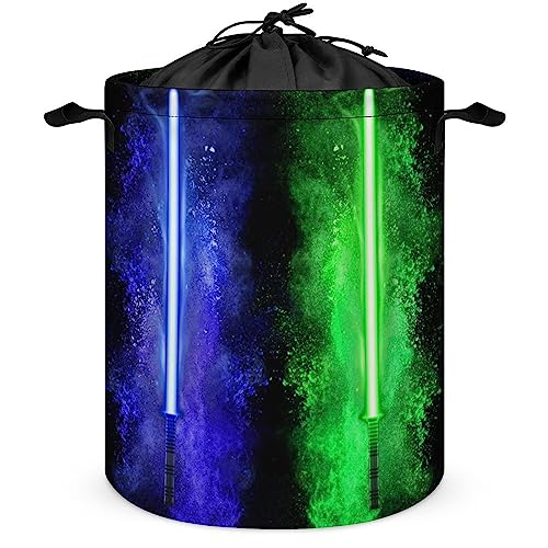 Abstract Lightsaber Kids Laundry Basket Cool Boys Blue Green Burning Lightsaber Paint Style for Bedroom Laundry Room Closet Bathroom One Size