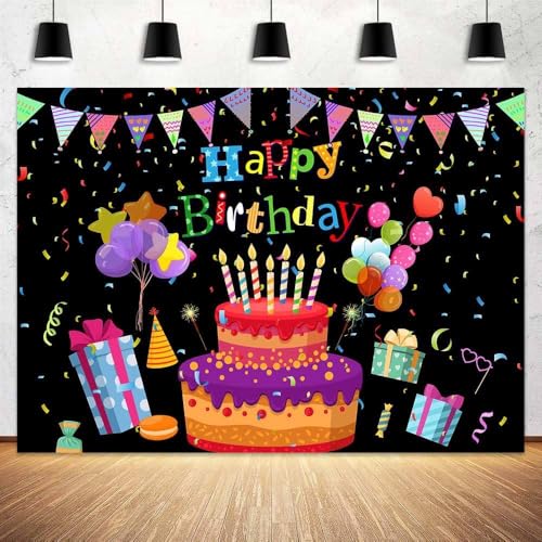 Image of 8X6ft Colorful Happy Birthday Backdrop, Birthday Party Backdrop with Cake, Balloons, Gifts & Confetti for Kids & Adults Black Photography Background,Banner Photo Shoot Studio Props
