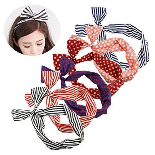 FRCOLOR Wire Headband Retro Bowknot Polka Dot Stripe Wire Hair Holders for Women and Girls, Pack of 6 - Random Color
