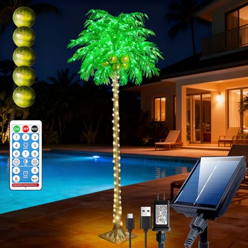 HEYCOLOR Christmas Solar Palm Tree Lights, 7FT 180 LED with Remote and Plug for Outdoor, 8 Modes...