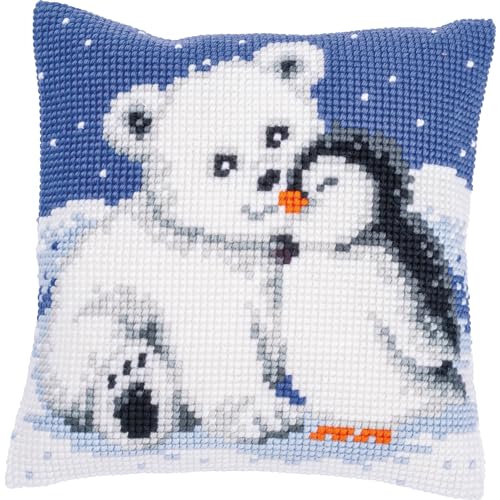 Broderie point de croix ours et pingouin pour décorer votre salon cet hiver