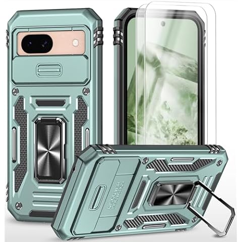 PhuLok Compatible with Google Pixel 8A Case with HD Screen Protector,[Slide Camera Cover][Kickstand][Military-Grade] Heavy Duty Protection (Alpine Green) Cover