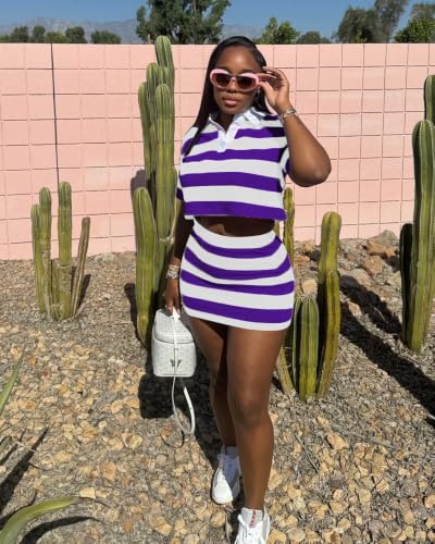 Image of HBQ Women's Casual 2 Piece Skirt Sets Polo Collar Crop Top Striped Mini Dress Summer Vacation-Stripe