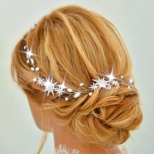 Unicra Star - Fascia per capelli da sposa in argento, con strass, per donne e spose (argento, taglia unica)