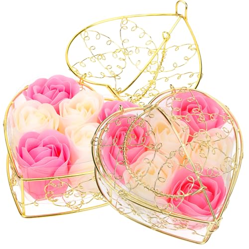 ifundom Juego de 2 Jabones Decorativos de Rosas 6 Flores de Jabón en Cesta de Hierro, Colores Rosa, Obsequio Romántico para Baño y Cuidado Personal en San Valentín