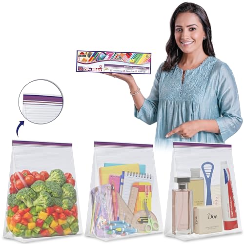 Image of Shalimar Zip 'N' Slider (Press Fit) Bags | Medium (24.5 cm X 28 cm) | Pack of 15 Bags |Ziplock /Vegetable /Fruit /Fridge /Multi-Purpose Storage Bag | Reusable & Reclosable with Double Lock| Color-Natural