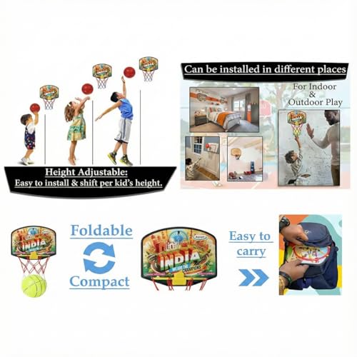 Image of Asian Portable Plastic Basketball with Hoop for Kids Multicolor (India Theme)
