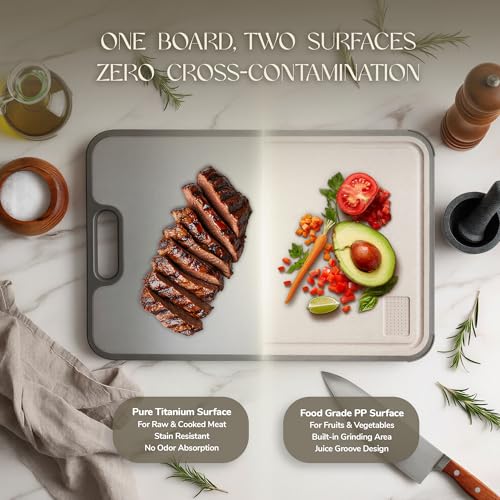 Image of Titanium Cutting Board Double-Sided 2-in-1 (99.9% Titanium + PP), 15 inch x 10 inch, with Accessories (Finger Guard, Glove, Thumb Knives) - Kitchen Metal Chopping Board for Meat, Fruits & Vegetables