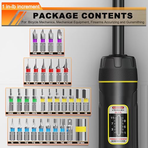 Image of Long Shank Torque Screwdriver Set, 1-11 Inch Pounds lbs, 32 Piece 1 /4 inch Drive Torque Screwdriver Wrench with S2 Steel Bits for Bicycle Mechanics, Mechanical Equipment, and Mounting