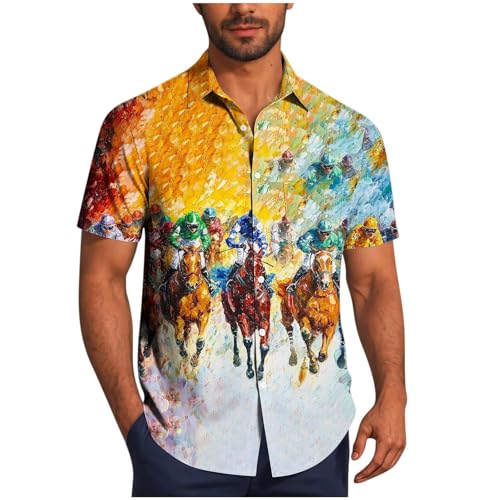 Horse Racing Shirt for Men Hawaiian 3D Graphic Funny Button Down Short Sleeve Tropical Beach Vacation Shirts