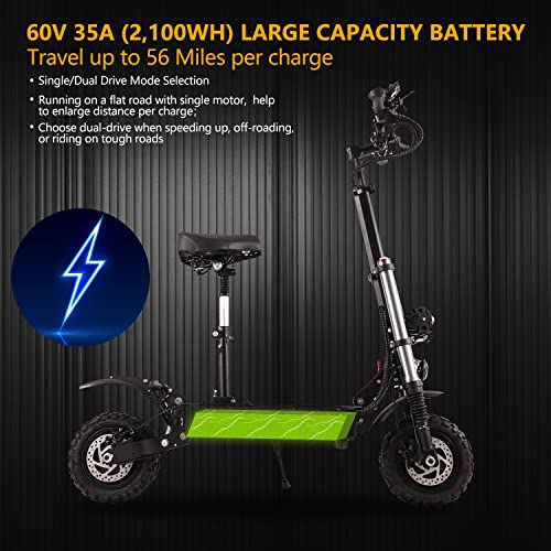 35Ah 5600W Electric Scooter Adults 50 Mph Off Road Sport Scooter With Seat,60V Dual Drive 56 Miles Range 11" Off Road Tires,Heavy Duty 440 Lbs Load Dual Braking System & Dual 2 Chargers #TOP2