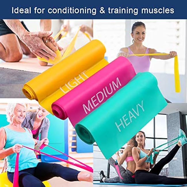 Coolrunner 7FT. Long Latex Free Elastic Flat Exercise Band Set of 3 with Carry Bag, Wide Fitness Resistance Bands for Pilates, Gym, Physical Therapy, Yoga, Carry Bag, Green & Yellow & Rose Red