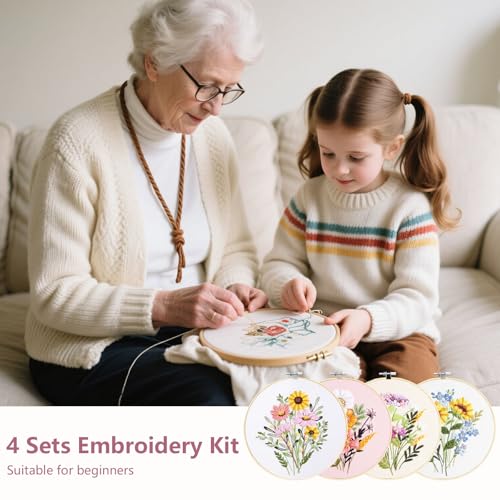 Image of 4 Pack Embroidery Kit for Beginners,Adults DIY Starter Kit,Cross Stitching Kits with Flower Stamped Patterns,Hoop,Tools,Colorful Threads with Needles,Step by Step Instructions,Hand Craft Lover Gift