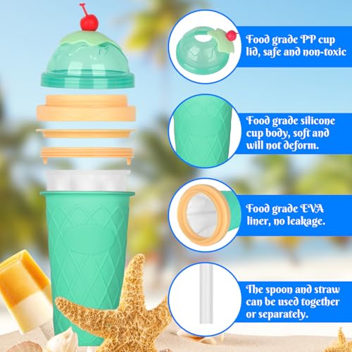 CIOXSOIO DIY Slush Becher, Silikon Squeeze Cup mit 2-in-1 Strohhalm und Löffel, Slush Eis Becher zum Kneten Smoothie Pinch Ice Cup, DIY Slushy Maker Cups, Hellgrün – Bild 5