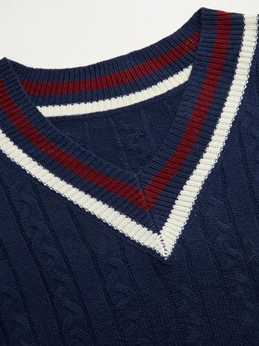 CIDER Cable Knit Sweater Women V Neck Long Sleeve Pullover Striped Trim Regular Fit Knit Top Fall Sweaters2