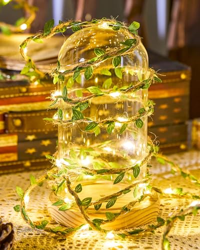 Image of Minetom Vine Fairy Lights Battery Operated: 21ft 60 LED Leaf-Embellished Hemp Rope Fairy Lights with Remote - Twinkle String Lights for Girls Bedroom Dorm Room Wall Decorations