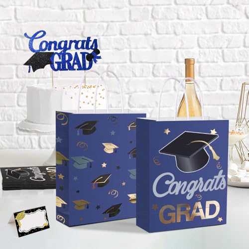 Image of 12 Pieces Graduate Gift Bags, Graduation Party Decorations (Blue Gold) | Graduation Party Favor Gifts Wrapping Bags for Graduation Season Theme Party Supplies
