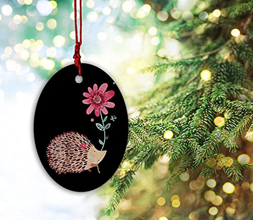 Udoosun Christmas Ornament Cute Vintage Hedgehog Amp Flower Personalized First Christmas Tree Ceramics Oval Ornament Pendant Decoration Hanging Home Decor, Iwaz-09 #TOP6