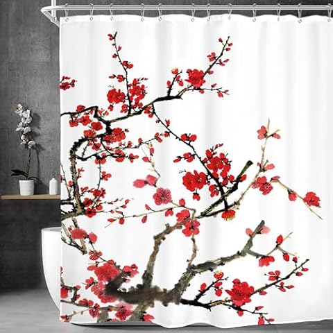 Homewelle Red Floral Shower Curtain Cover