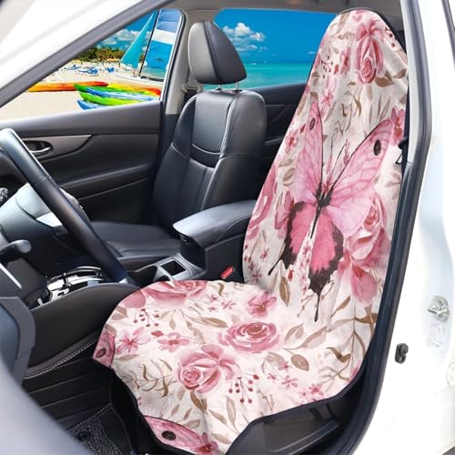 Image of Pink Butterfly Car Front Seat Covers Seat Covers for Cars Waterproof Soft Auto Seat Covers Anti-Slip Fashion Auto Interior Easy to Install Universal Fit for Vehicles,Cars,Suvs,Vans,Sedans