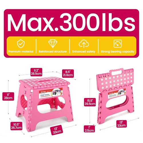 Image of 12 Pack 11 Inch Folding Step Stool, Sturdy Plastic Foldable Step Stool for Kids & Adults, Non Slip Lightweight Collapsible Foot Stools Holds 300 lbs, Ideal for Kitchen, Bathroom, Outdoor, Pink