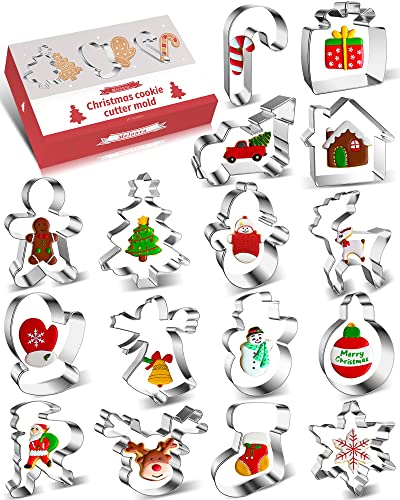 16 Pcs Christmas Cookie Cutters Winter Set with Decorating Instructions Stainless Steel Gingerbread Man Tree Snowflake Candy Cane Santa Snowman And More
