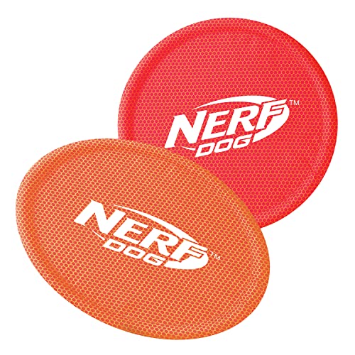Nerf Dog Nylon Flyer Dog Toy, Flying Disc, Lightweight, Durable and Water Resistant, Great for Beach and Pool, 9 inch diameter, for Medium/Large Breeds, Two Pack, Orange and Red (8959) Nerf Dog Nylon Flyer Dog Toy, Flying Disc, Lightweight, Durable and Water Resistant, Great for Beach and Pool, 9 inch diameter, for Medium/Large Breeds, Two Pack, Orange and Red (8959)