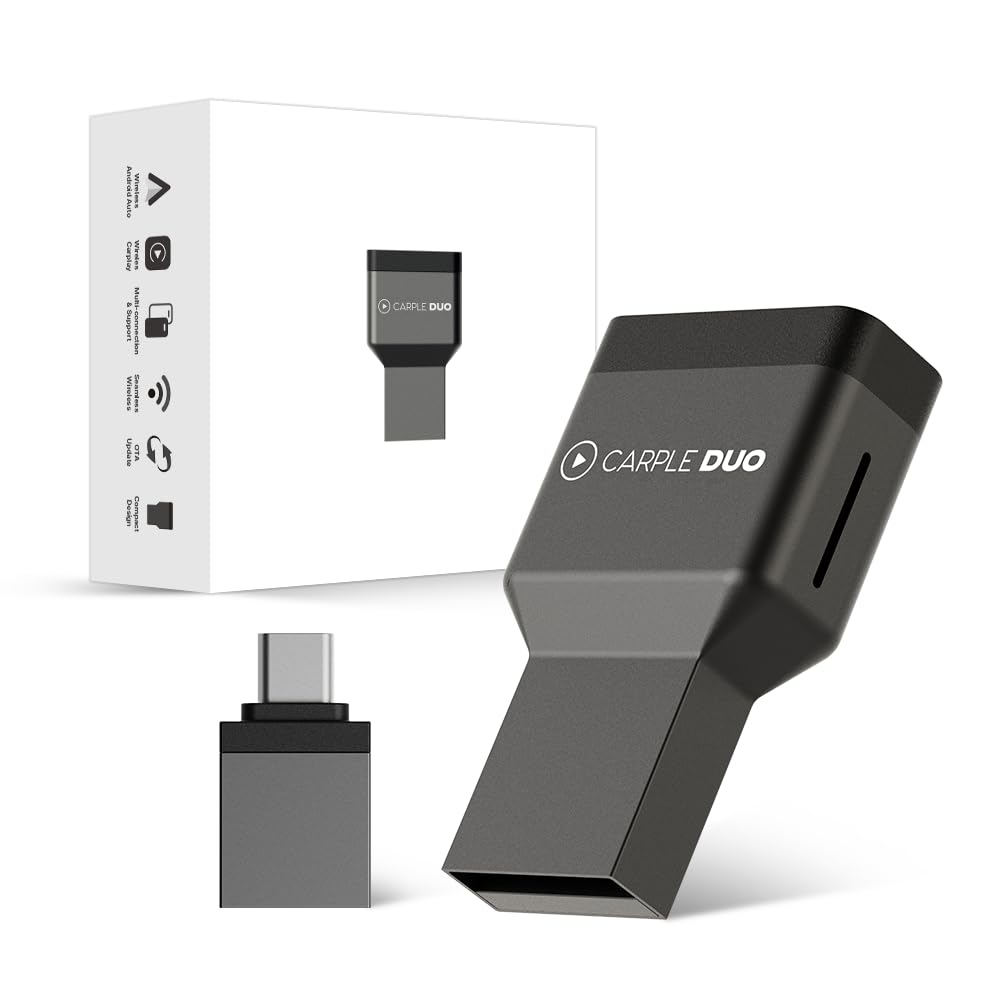 Duo Wireless Adapter – 2026 uaktualnienie z przewodowej integracji smartfona na bezprzewodową, kompatybilny z CarPlay i Android Auto, aktualizacje OTA, bezstratny dźwięk, USB-C i USB-A Plug