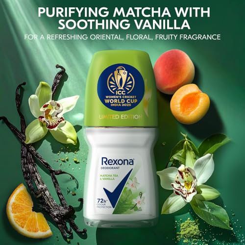 Image of Rexona Matcha Tea & Vanilla Antiperspirant Roll-On | for Women | 72H Odour Protection | Limited Edition Pack - ICC Women's Cricket World Cup India 2025 |50 ML (Pack of 3)