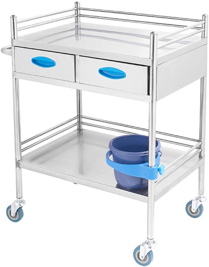 Stainless Steel Medical Trolley Integrated Welding 2/3 Layer Can Bear 120kg with 2 Drawers/handrails/Fences/Dirt Bucket Large Area Workbench 15.7x23.6x33.9 Inches (2 layer)