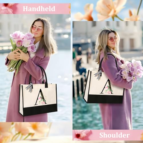 AYGE Personalized Initial Canvas Beach Tote, Monogrammed Gifts for Women, Makeup Bag, Birthday Gifts for Sister, Mom, Teacher, Bridesmaid (A)3