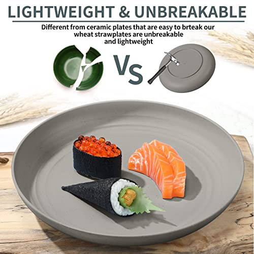 18 Pcs 9 Inch Wheat Straw Plates Lightweight Unbreakable Deep Dinner Plates Reusable Plastic Plates Microwave Safe Dinnerware For Kids Children Toddler Adult (Gray) #TOP4