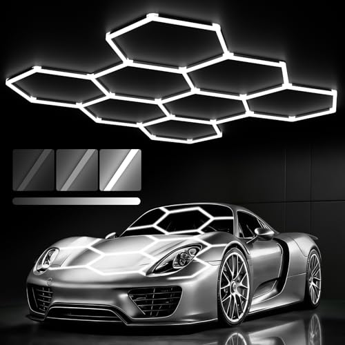 Glitgate Hexagon Led Lights 3 Level Dimmable, 245W 26950LM 8 Grid Hexagonal Shop Light, 6500K Daylight White Hex Lighting, Super Bright Garage Ceiling Lights for Gym, Basement, Workshop