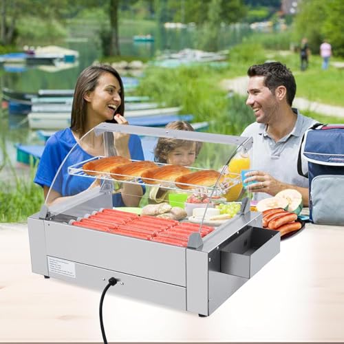 Hot Dog Roller, 18 Hot Dogs 7 Rollers Grill Cooker Machine with Removable Stainless Steel Drip Tray Stainless Steel with Cover, Dual Temp Control, Led Light, Perfect for Commercial and Party