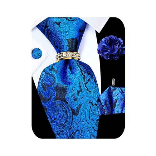Image of 5PCS Mens Silk Tie, Pocket Square, Cufflinks, Drilled Tie Ring and Lapel Pin Set for Wedding Groom Party