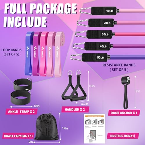 Image of WHATAFIT Resistance Bands, Exercise Bands, Workout Bands with Handles, Door Anchor and Ankle Straps, 5 Resistance Levels Fitness Bands for Strength Training, Physical Therapy, and Home Gym Equipment