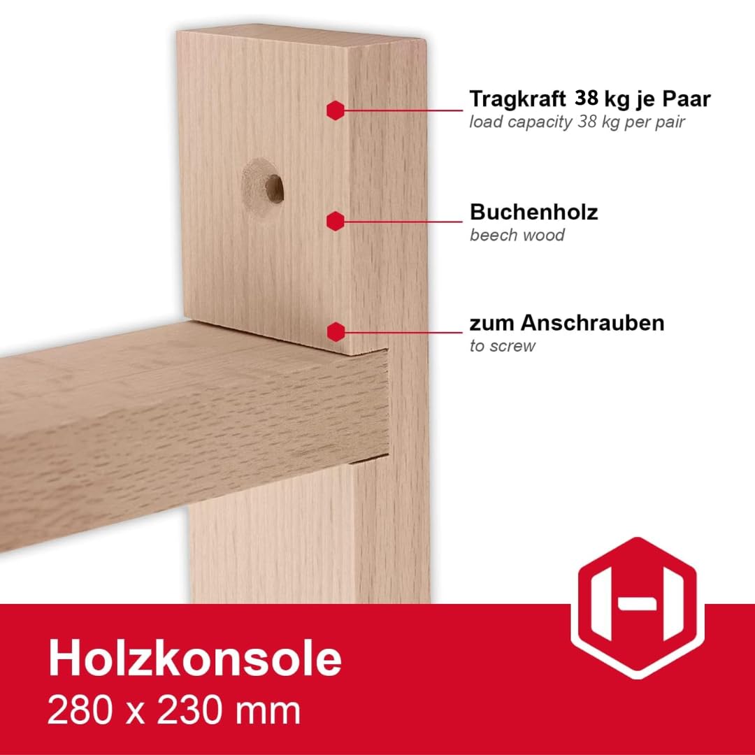 Gedotec Holzkonsole aus Buche | Regal-Halter geeignet für Bücherregale | BORK | 280x230 mm | 10 Stück Regalwinkel aus massivem Naturholz paarweise Tragkraft bis 38 kg | Schwerlastträger für Wandregale