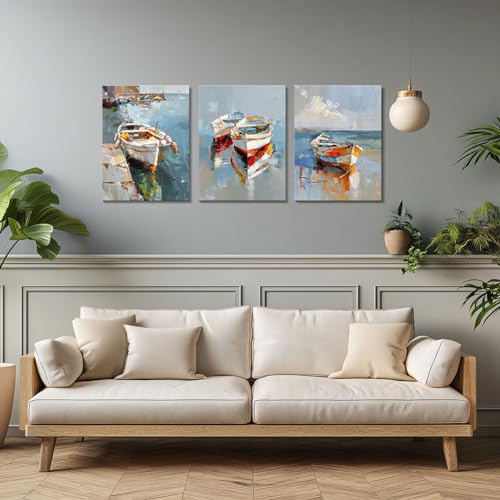 LUNGHANARTS Wall Art Painting Small Boat Coastal Scenery Modern Decor oil painting Abstract Canvas Prints for Living Room Bedroom Kitchen Home and Office Wall Decor12x16Inch Set of 3 - Image 3