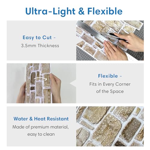 COMSTICKC 3D Wandpaneele Selbstklebend Steinoptik Braun,10 Stück 30x30 cm, 3D Wandverkleidung Selbstklebend Backstein Tapete 3D PVC Wandpaneele Innenwanddekoration, Wasserdicht