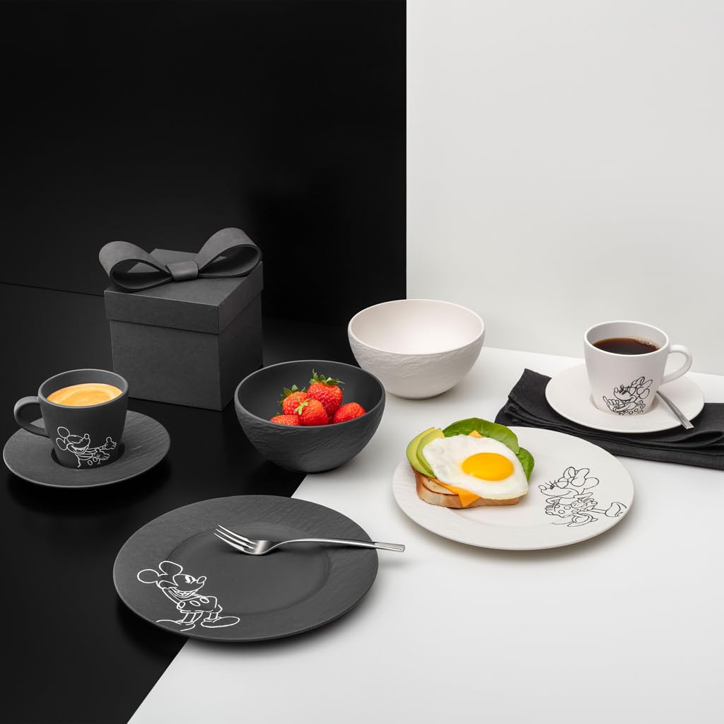 Villeroy & Boch Manufacture Rock – Mickey Mouse – Frühstücks-Set, 8-teilig, schwarz/weiß, spülmaschinenfest & mikrowellensicher, Schieferoptik mit Disney Mickey Mouse Kreidedekor, Premium Porzellan