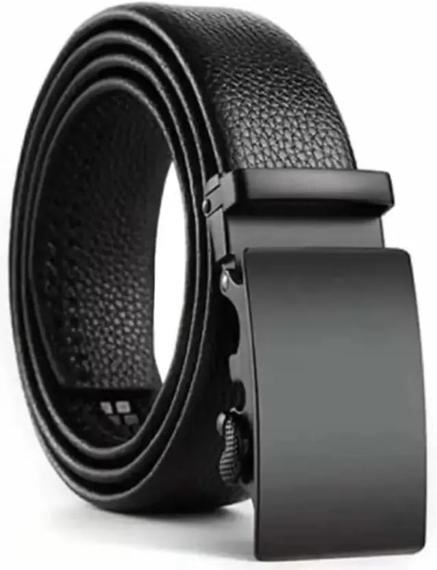 Image of TPM Men's Leather Belt with Automatic Buckle, Black, Ratchet Design, Formal Business Casual Style