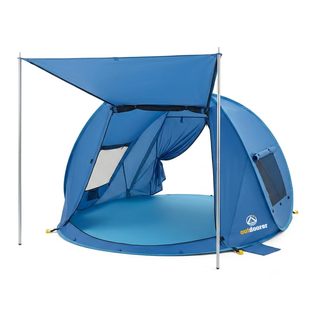 outdoorer Beach Air Max - UV 80 Pop up Strandmuschel Innovation 2026, kompakt, mit Vordach, einfacher Aufbau, für Koffer, mit Haken, groß, verschließbar, windstabil, Moskito Schutz.