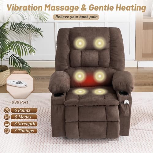 Oversized Swivel Rocker Recliner Chair with Massage&Heat,Ergonomic Comfy Relining Chair with Cup Holder,USB Charge Port,Side Pocket,Comfortable Arm,Nursery Rocking Chairs for Living Room,Bedroom,Brown - 2