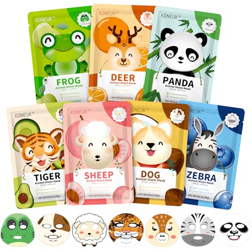 KONEUK 7 Pack Animal Hydrating Face Mask for Kids Bulk Face Masks Skincare for Girls Teens Kids Skin Care Set and Spa Day Kit Spa Party Supplies for Girls
